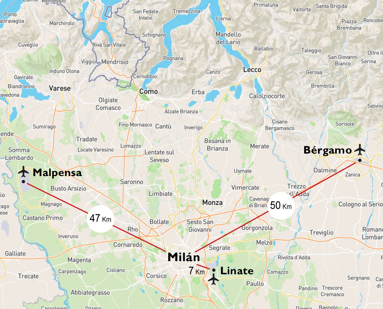 Mapa de los aeropuertos de Milán
